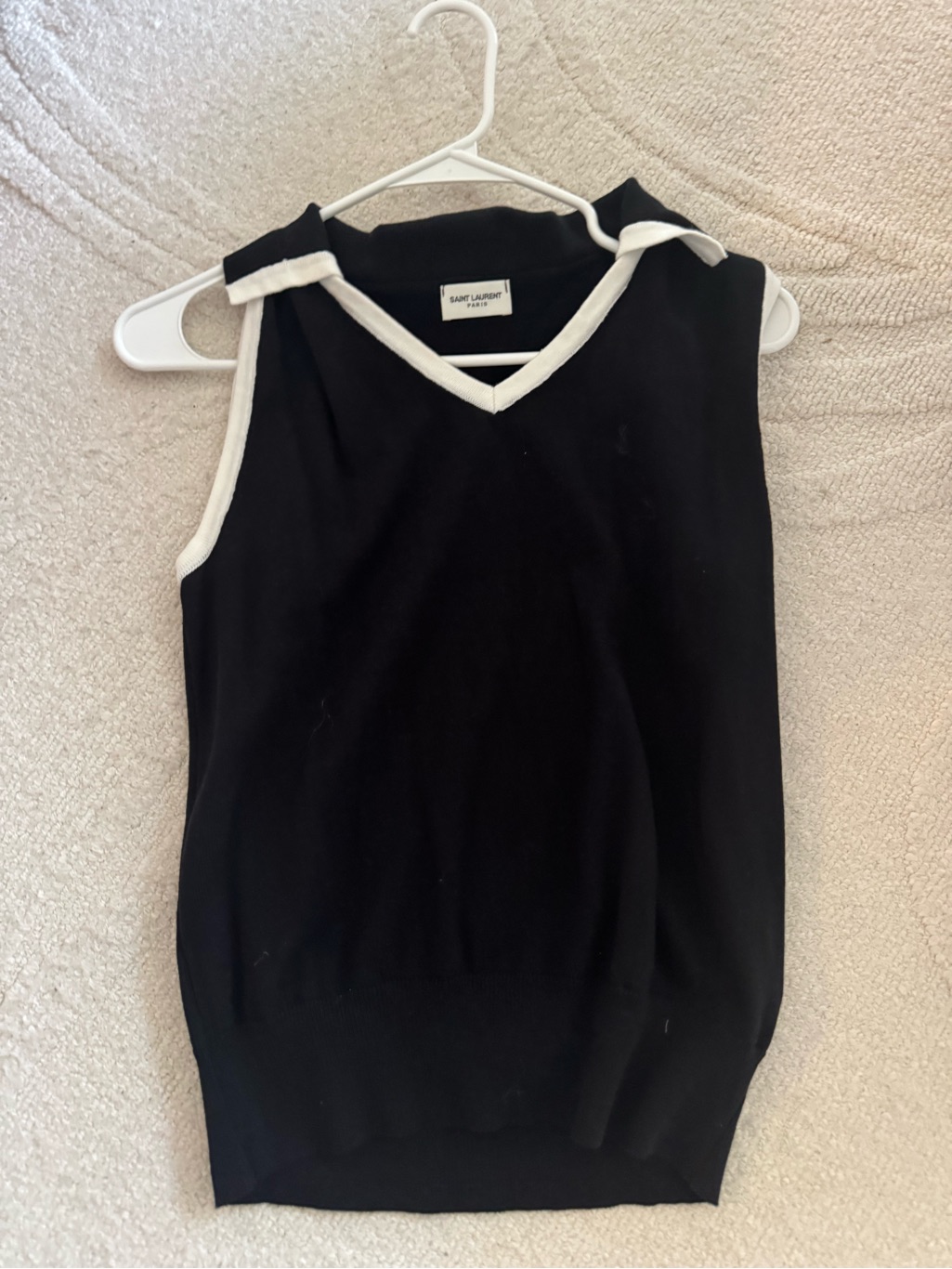 Saint Laurent Black Knit V-Neck Tank With White Trim
